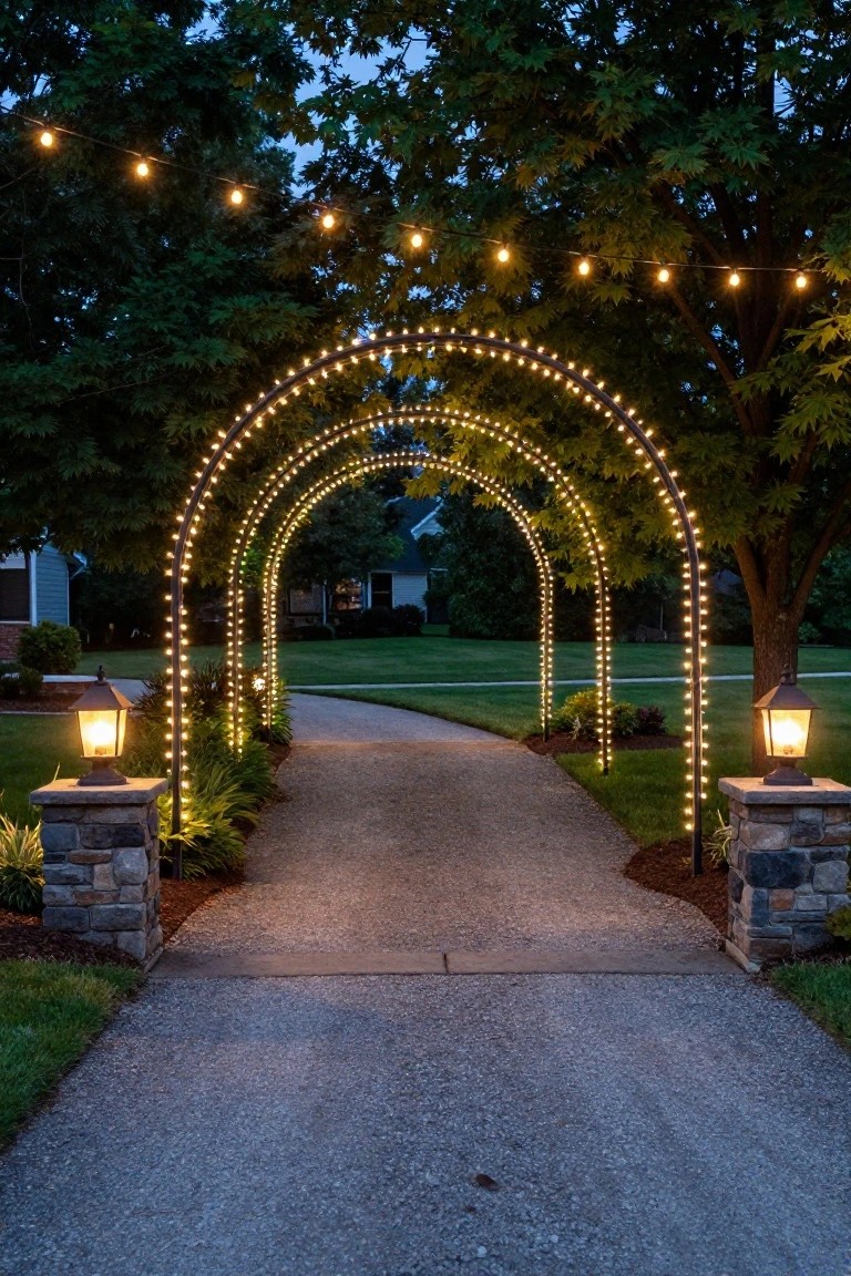 Gravel driveway entrance flanked by stone pillars topped with lanterns and multiple black metal arches wrapped in white string lights, set amid trees and landscaping at dusk