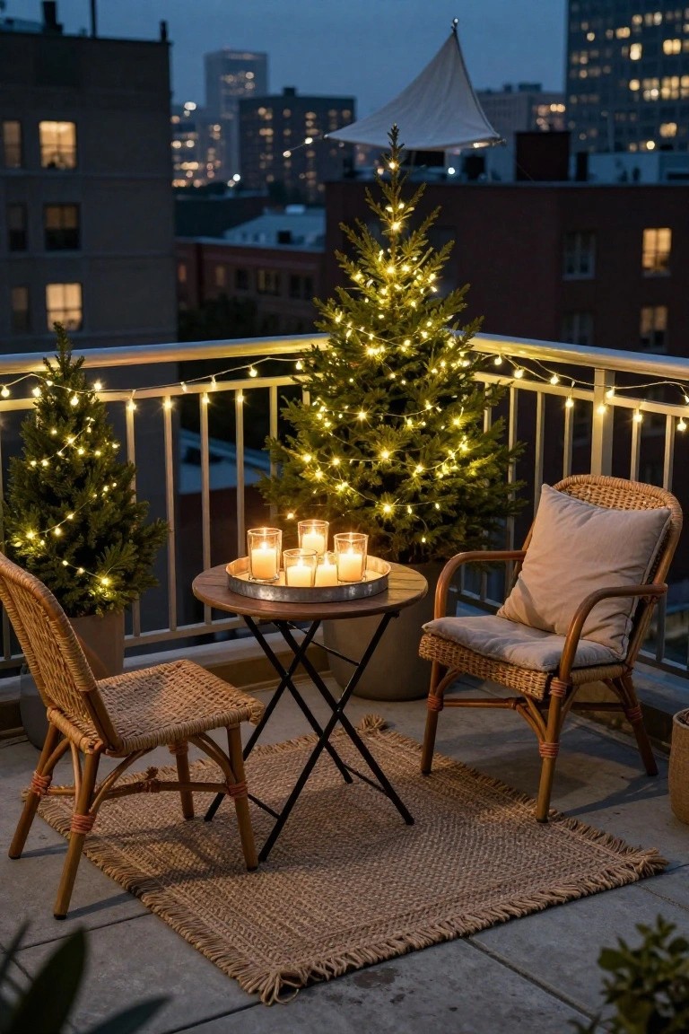 Balcony at dusk with two small potted Christmas trees wrapped in string lights, additional string lights on metal railings, two wicker chairs around a small metal table holding candles in glass holders, city buildings in background.