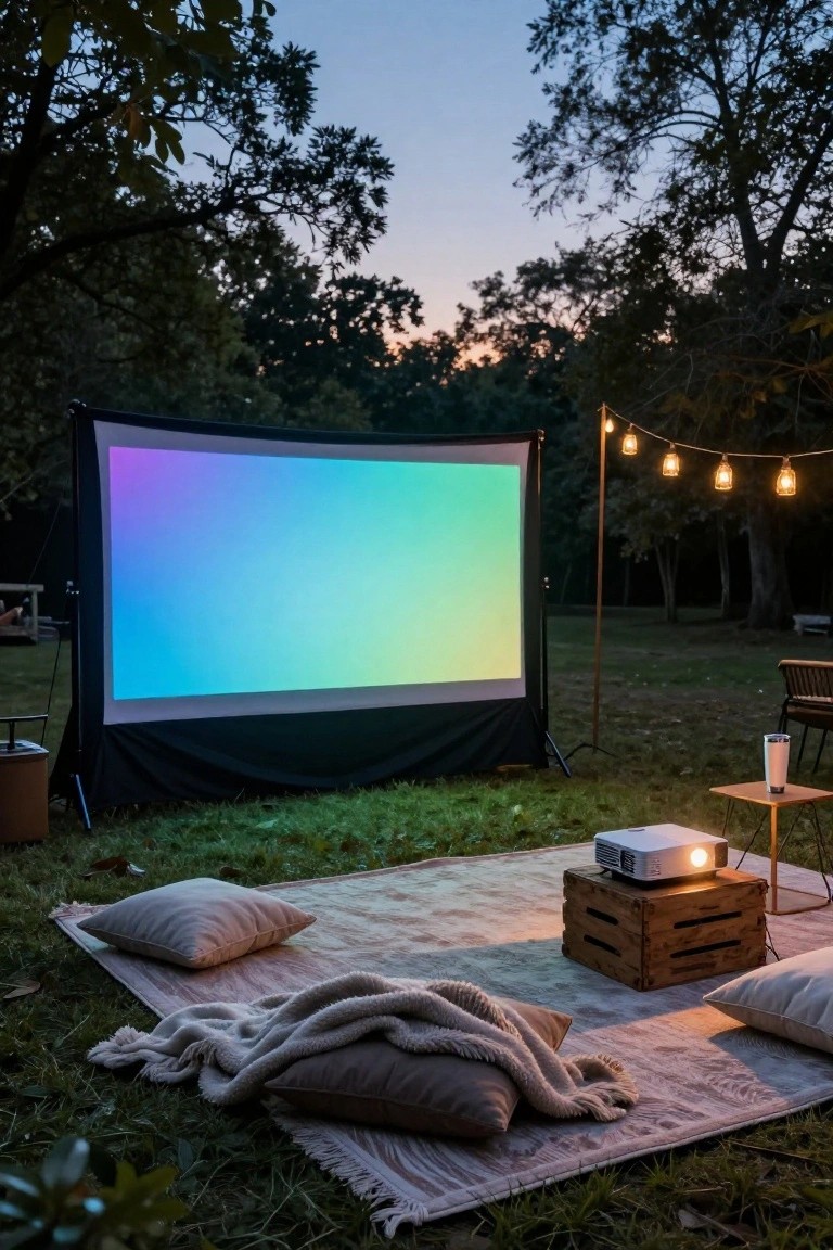 Outdoor backyard at dusk with a large freestanding projector screen displaying a colorful gradient, a white projector on a wooden table, hanging string lights, pillows and blankets on a rug in the grass, surrounded by trees.