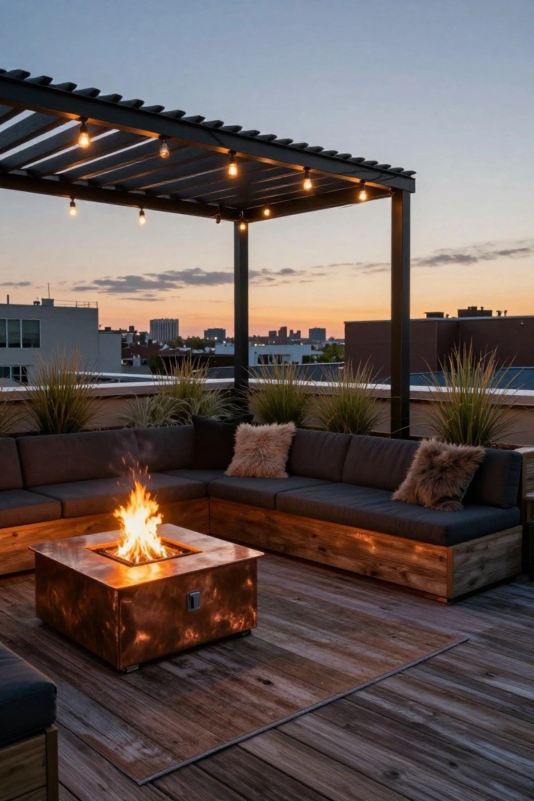 Rooftop deck at dusk featuring an L-shaped dark sofa around a square copper fire pit table, under a black pergola with hanging bulb string lights, flanked by potted tall grasses, wooden decking, and city buildings in the background.