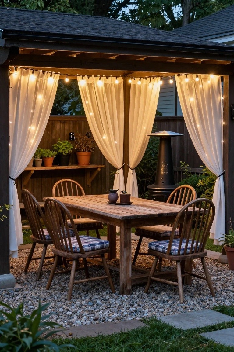 Wooden pergola with sheer white curtains tied back, string lights draped overhead and along sides, enclosing a rectangular wooden dining table with four ladder-back chairs on gravel ground, flanked by potted plants, shelves, and a patio heater, with grass and garden beyond.