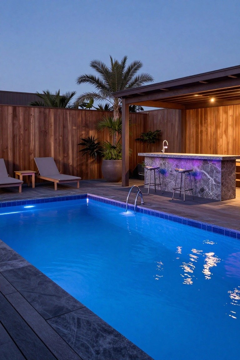 Dusk view of a backyard pool with blue underwater lights, adjacent wooden pergola sheltering a granite bar countertop with purple LED underlighting, two bar stools, lounge chairs nearby, potted plants, palm trees, and wooden fence.