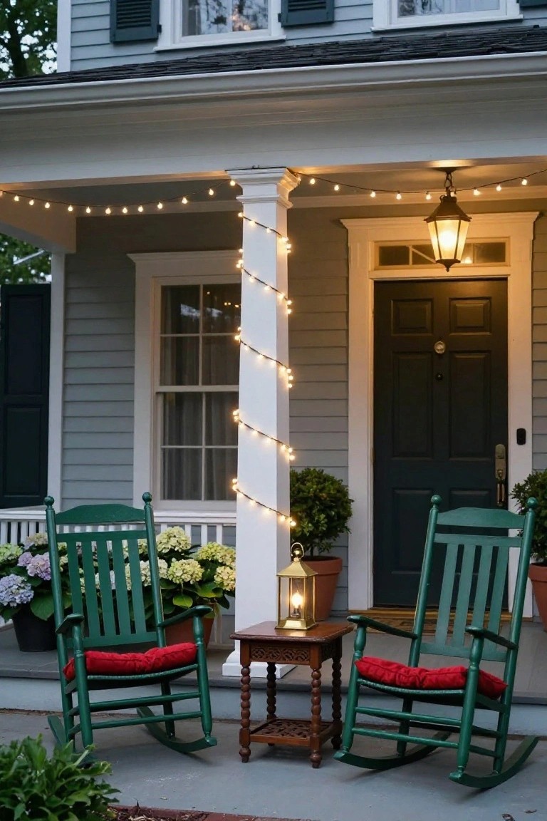 Gray clapboard house with front porch featuring two green rocking chairs with red cushions, white column wrapped in string lights, overhead string lights, lanterns, potted hydrangeas and boxwood shrubs.