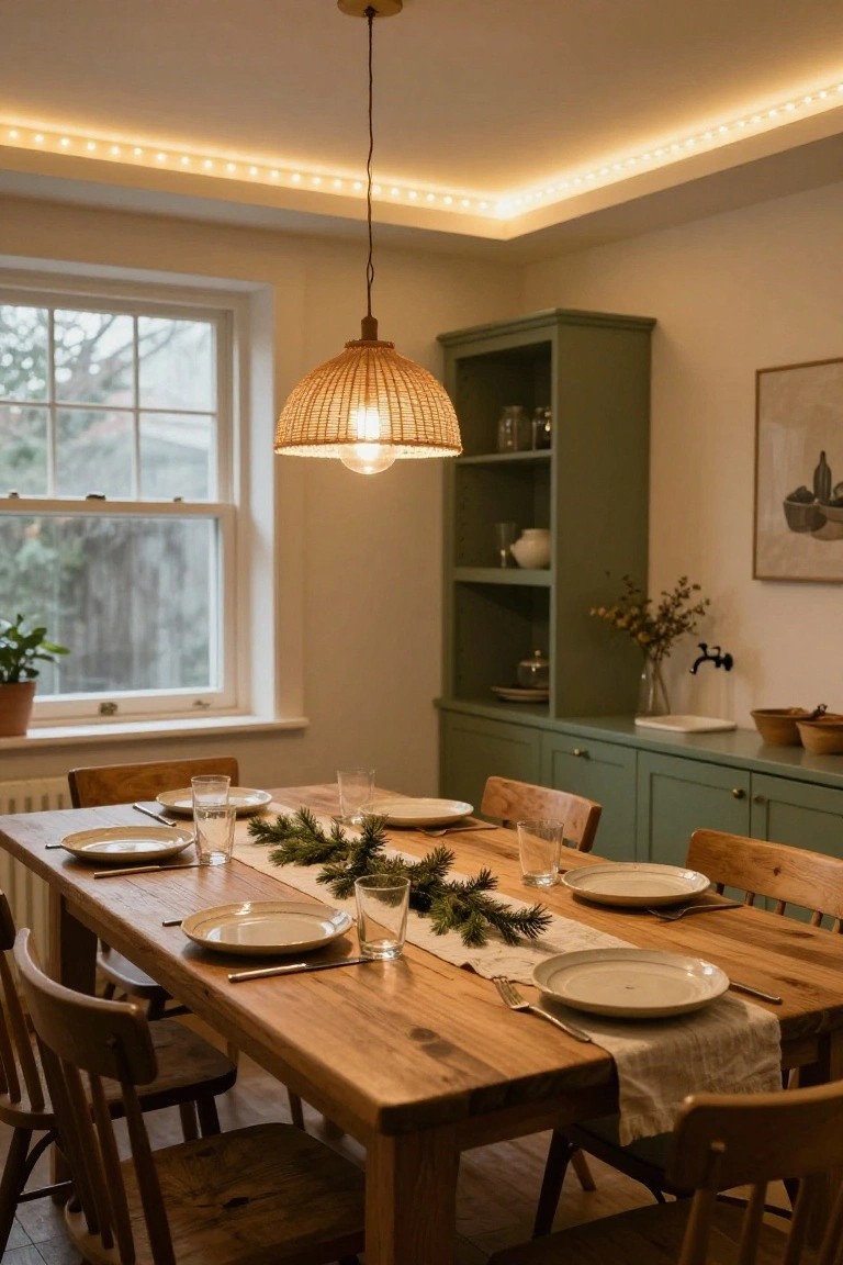 Cozy dining room interior with wooden table set with plates and glasses, Christmas fir garland centerpiece, wooden chairs, green cabinets, rattan pendant lamp, window, potted plant, and warm LED strip lights along the ceiling cove.