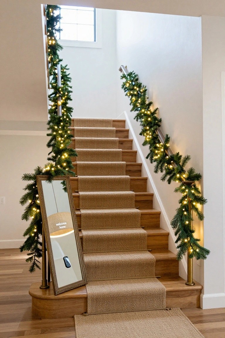 Carpeted wooden staircase with beige runner, decorated with green pine garlands and warm white string lights wrapped around the railings, a tall antique mirror with garland at the base, and hardwood floors nearby.