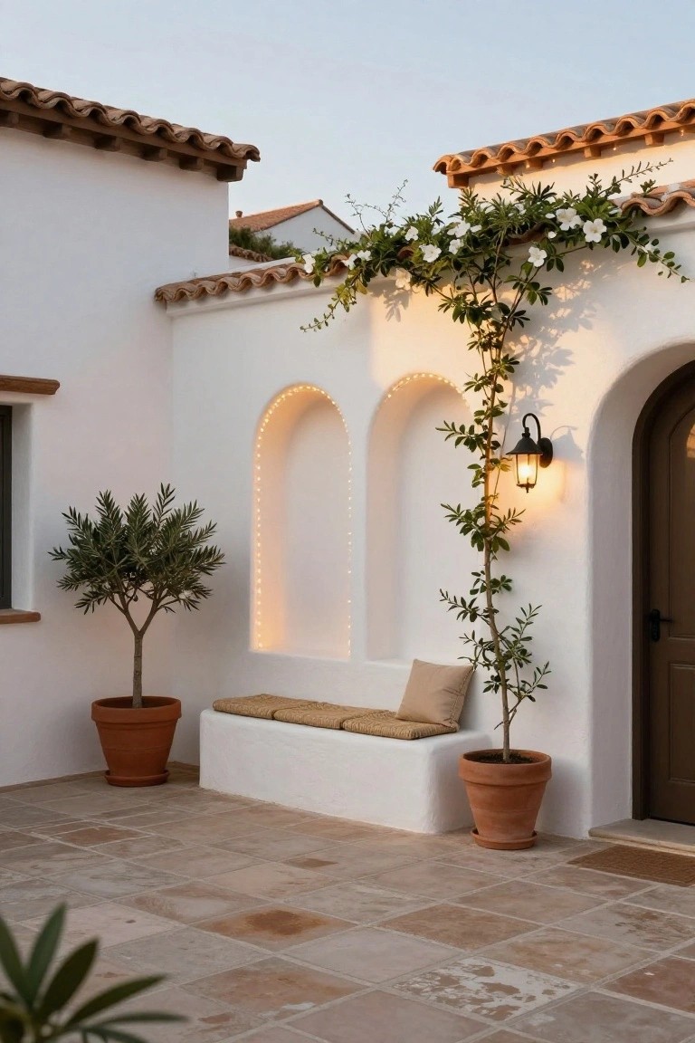 White stucco house exterior wall featuring two arched niches with string lights, a wooden arched door with lantern, built-in bench with beige cushions, potted olive trees, climbing vine, and terracotta tile patio floor.