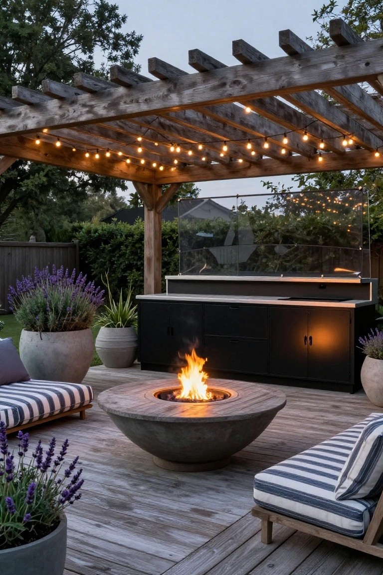 Wooden pergola with string lights overhead over a deck patio featuring a round concrete fire pit, striped lounge chairs, black outdoor kitchen cabinets, and potted lavender plants.