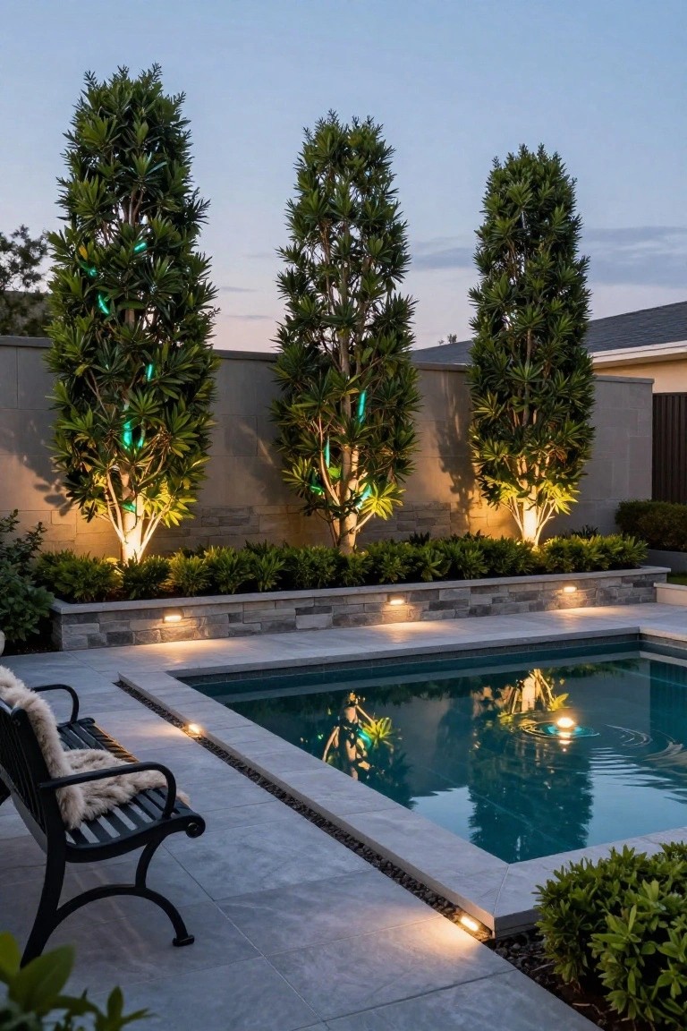 Uplighting Tall Trees by the Pool