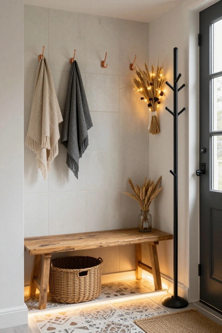 Entryway corner with beige tiled walls, copper hooks holding beige and gray towels, wooden bench with wicker basket underneath and LED strip lighting, black coat rack holding lit wheat bundles with fairy lights, glass jar of wheat on bench, black front door.