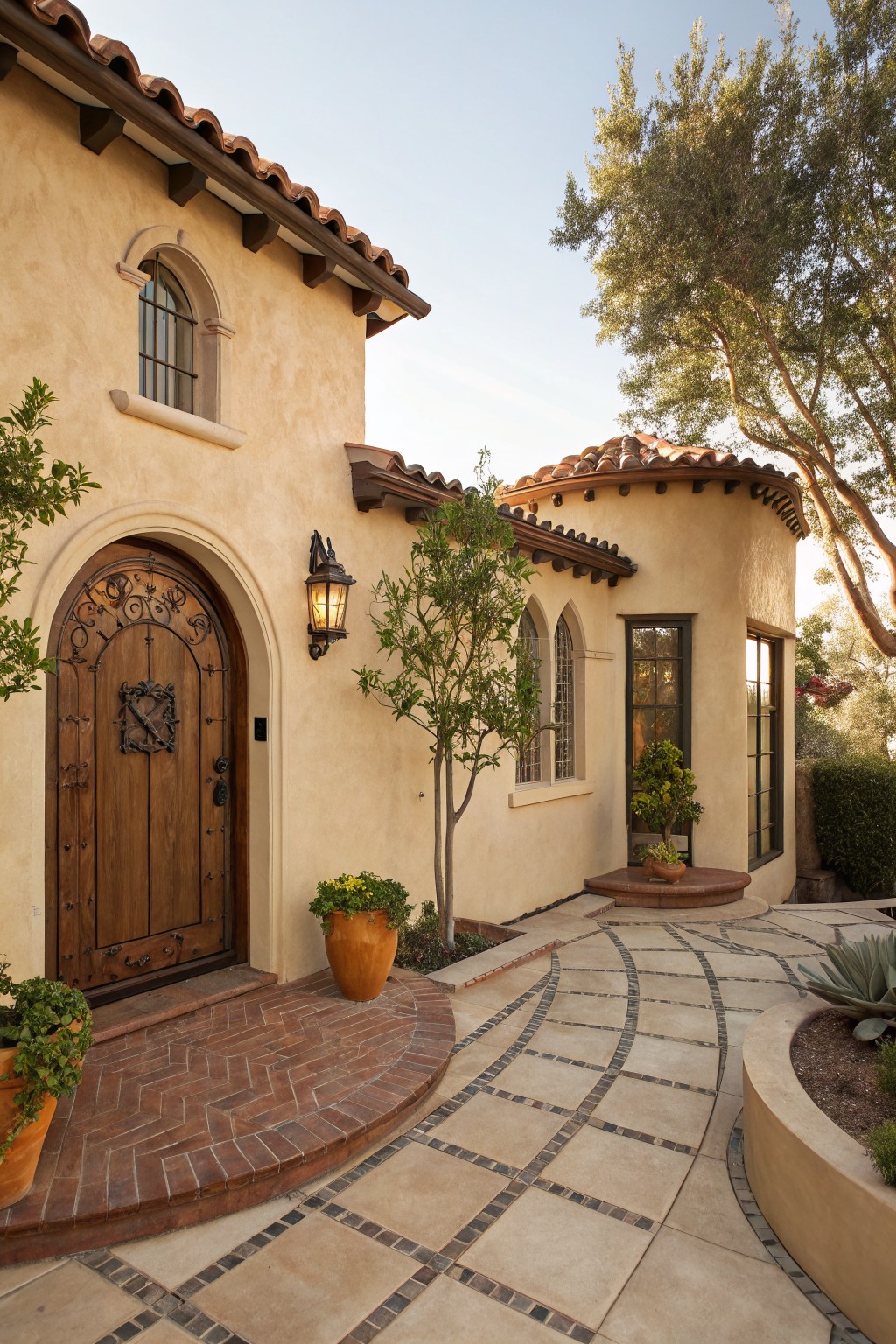 Light beige stucco house exterior with terracotta tile roof, arched wooden front door featuring wrought iron scrollwork, wall lantern, potted plants, brick entry step, and curved stone pathway with plants nearby.