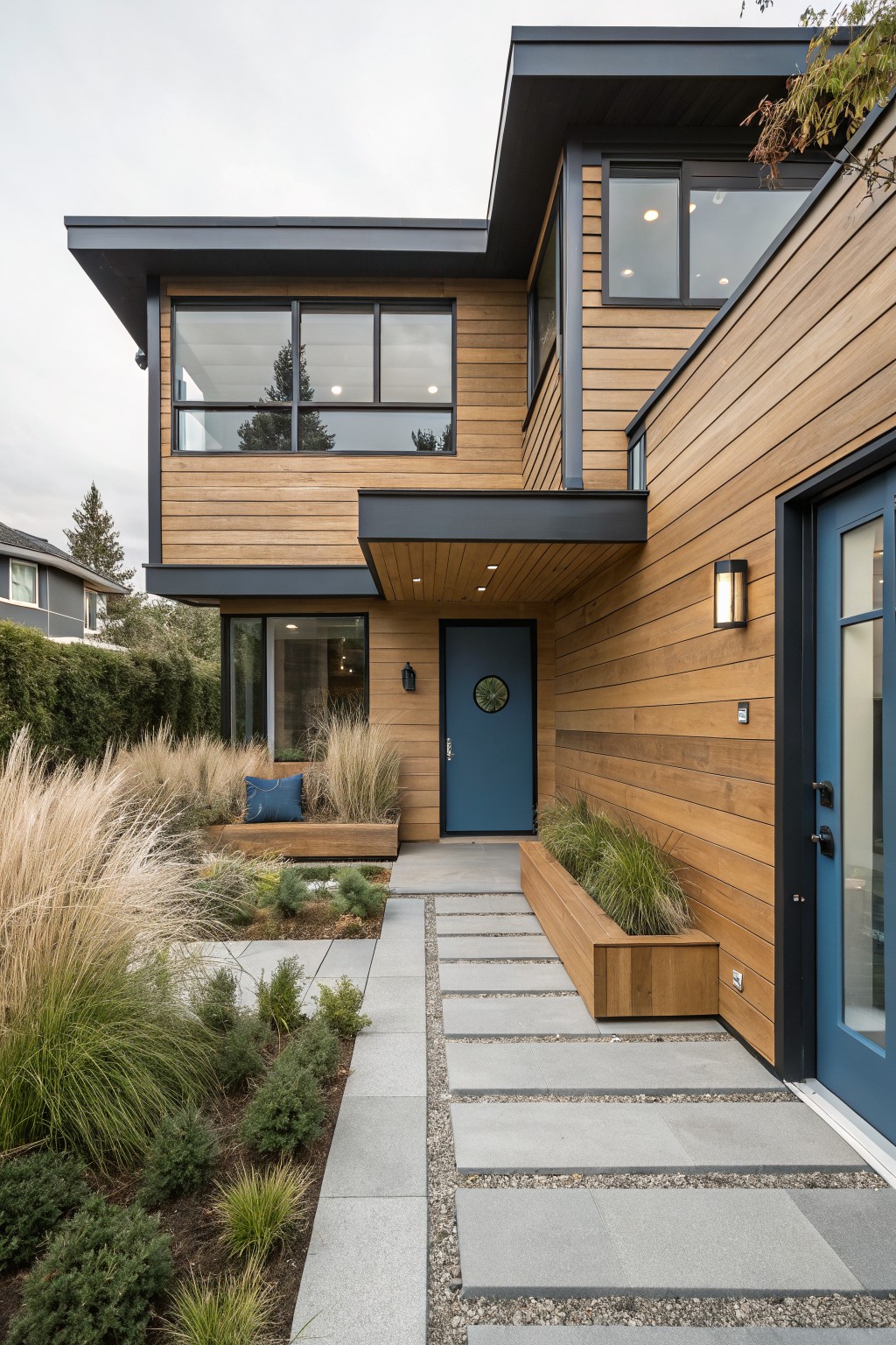 Modern two-story house exterior featuring light brown vertical cedar cladding, black-framed windows and roof edges, blue front door, wooden entry bench with blue cushion, and gravel pathway lined with ornamental grasses.