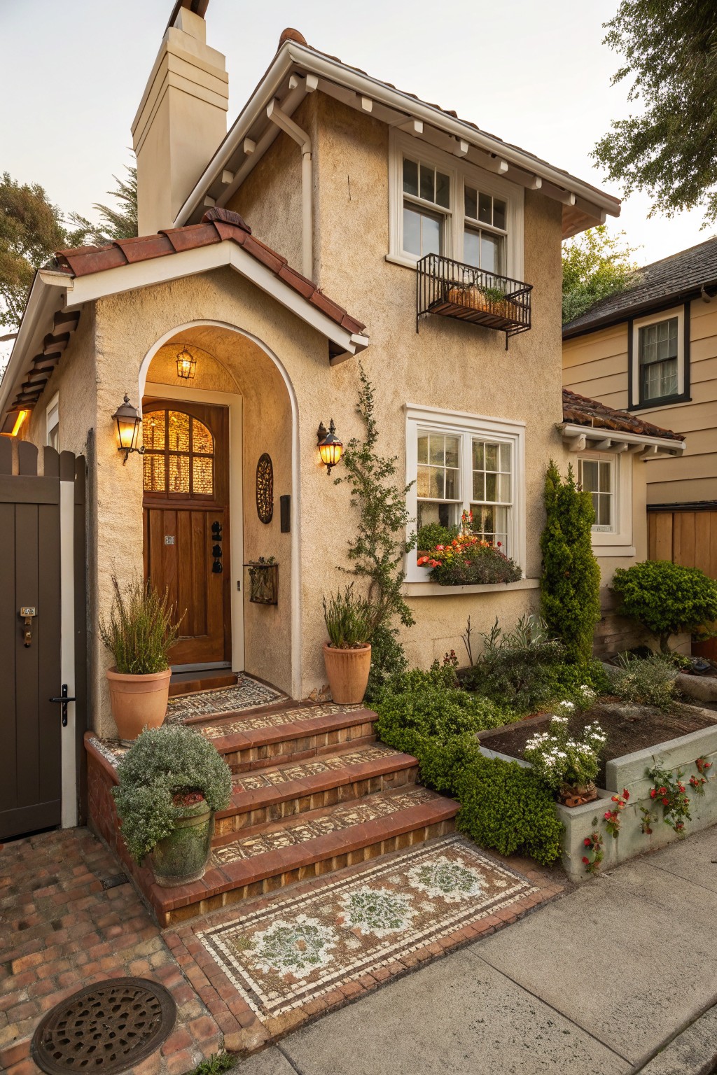 Beige stucco house with red tile roof, arched wooden front door with stained glass window, flanked by lantern lights and potted plants, terracotta tiled steps leading from brick pathway to entry, surrounded by low garden beds and fence.