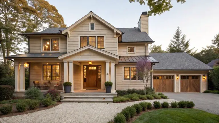 Two-story house with light beige shingle siding, white trim, covered front porch with wooden door flanked by lanterns, stone steps, gravel path, and low plantings.