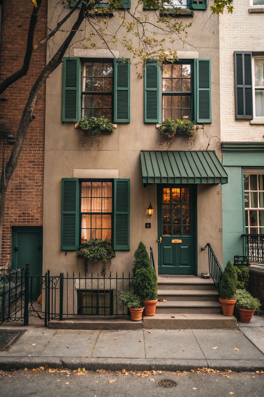 Townhouse exterior with light brown stucco walls, green shutters on multi-pane windows, green front door under matching awning, potted plants, iron fence, and adjacent brick and white buildings on a sidewalk with fall leaves.