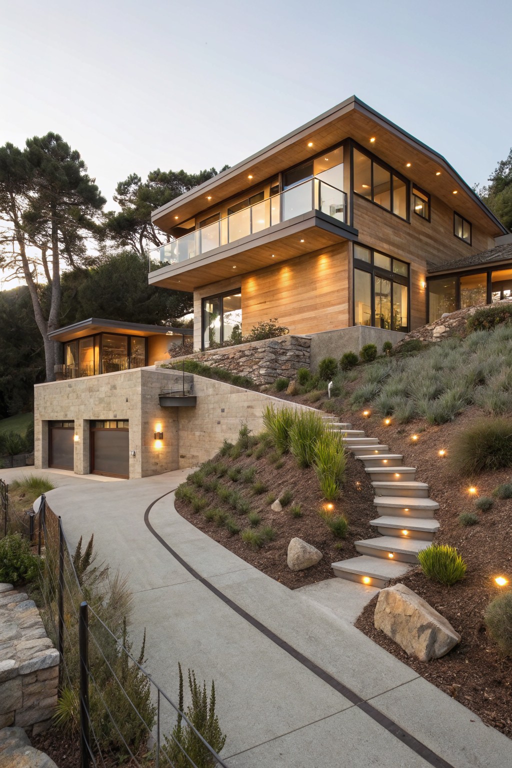 Modern two-story house with light brown horizontal wood siding, stone base and garage, large glass windows and balcony, on a hillside with concrete driveway, lit stone steps, native plants, and pine trees.