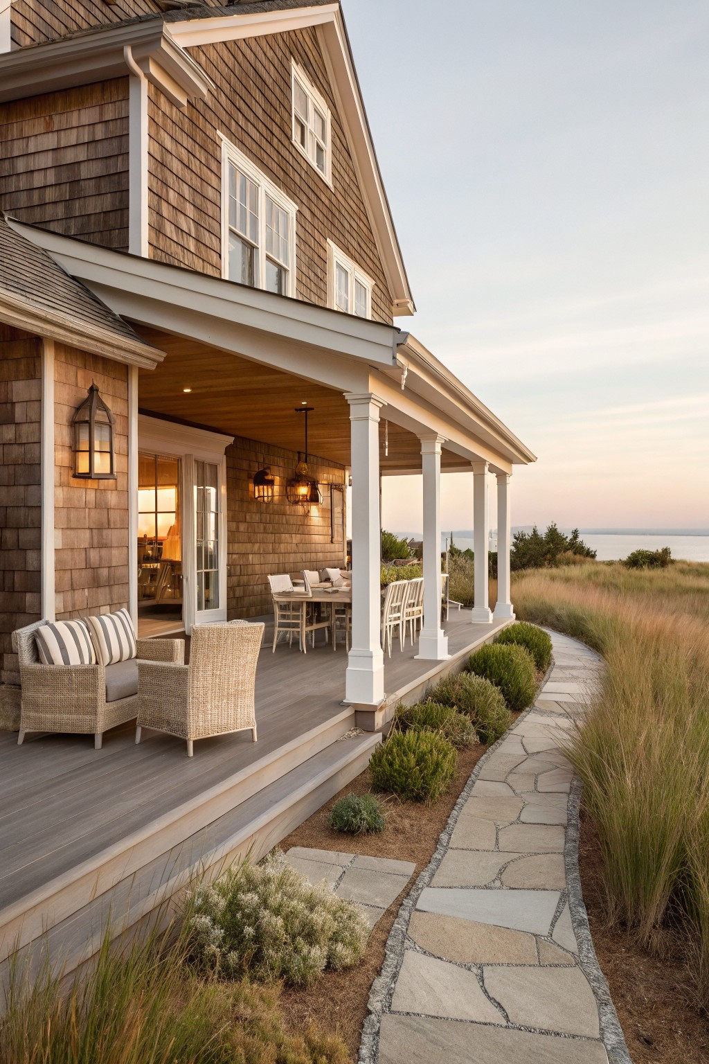 Side view of a light brown shingle-clad house with white porch columns and trim, rattan furniture on a gray deck, stone path through beach grass and shrubs, overlooking ocean at sunset.