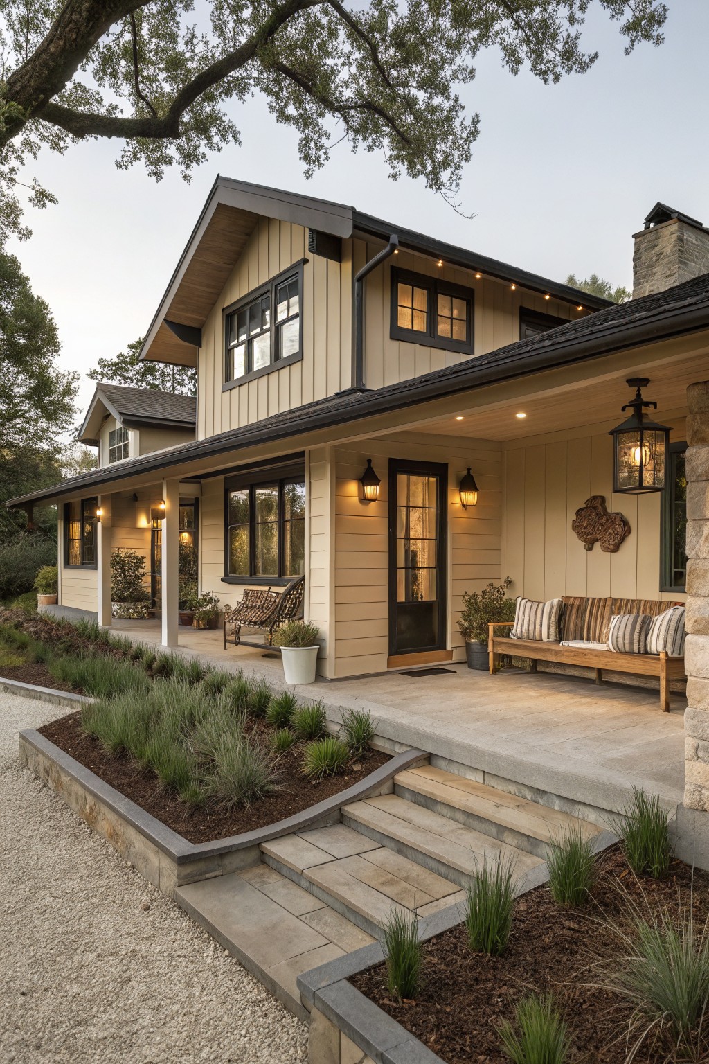 A two-story house exterior with light beige board-and-batten siding, black window frames and trim, a covered front porch with wooden benches and lanterns, stone chimney and base, steps leading to the entry, and low grasses in landscaped beds.