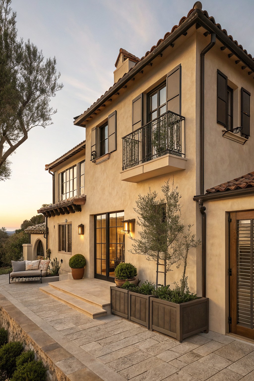 Side view of a two-story beige stucco house with terracotta tile roof, black shutters on windows, iron-railed balcony with plants, ground-level patio with daybed and planters, olive trees, and stone steps at sunset.