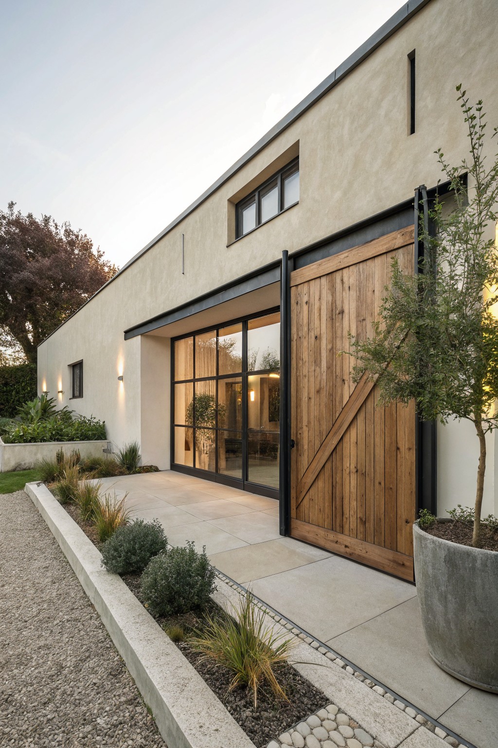 Beige stucco house exterior with large vertical wooden sliding garage door, black metal-framed glass entry doors, gravel path edged in concrete, and low shrubs and potted olive tree.
