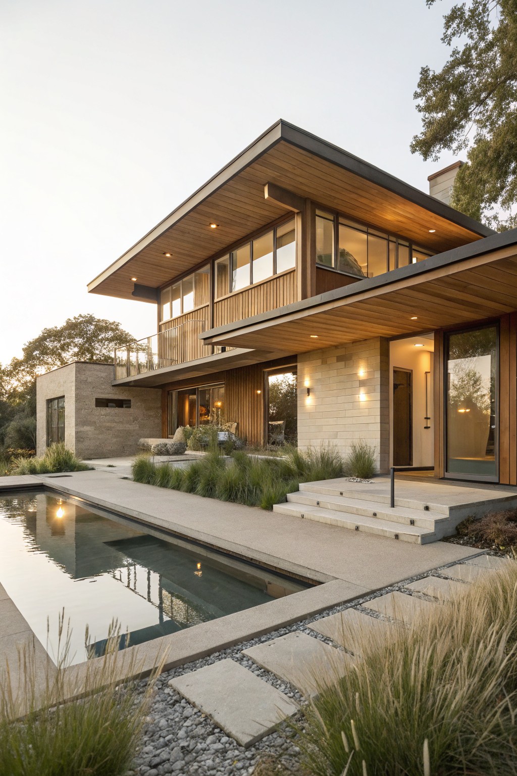 Modern two-story house exterior with beige stone base, light brown wood cladding and cantilevered roofs, glass windows, entry steps leading to a door, adjacent reflecting pool, gravel paths, ornamental grasses, and trees at dusk.