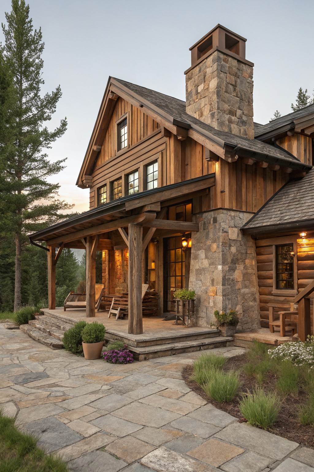 A two-story house with light brown vertical wood siding, tall stacked stone chimney, covered porch supported by timber posts, wooden chairs on porch, flagstone path, potted plants, and surrounding pine trees.
