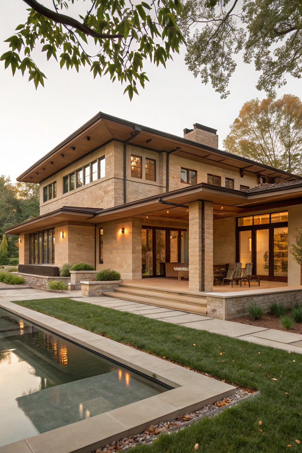 Two-story house exterior with light beige stone walls, dark wood cantilevered roof overhangs, a covered porch with columns, large windows, and an adjacent rectangular pool edged in stone, set amid green lawn and trees.