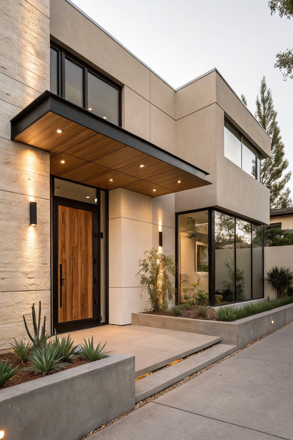 Contemporary house exterior with light beige stucco walls, a pivoting wooden front door beneath a cantilevered wood ceiling on black metal frame with recessed lights, agave plants in concrete planters, and a concrete entry path.