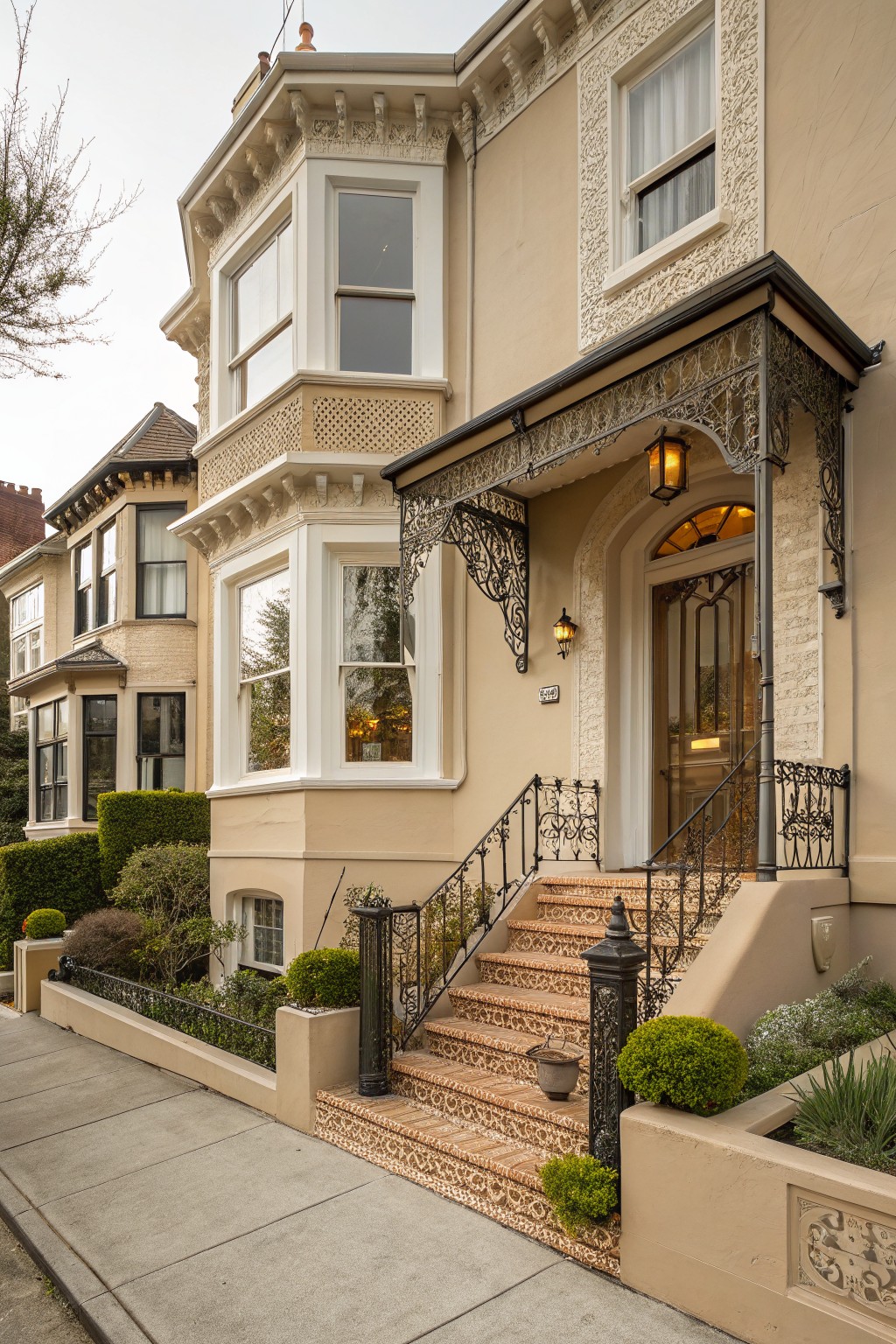 Soft beige stucco house exterior with bay windows, ornate black wrought-iron porch railings and balcony, arched glass front door, colorful tiled steps, and front garden plantings along a sidewalk.