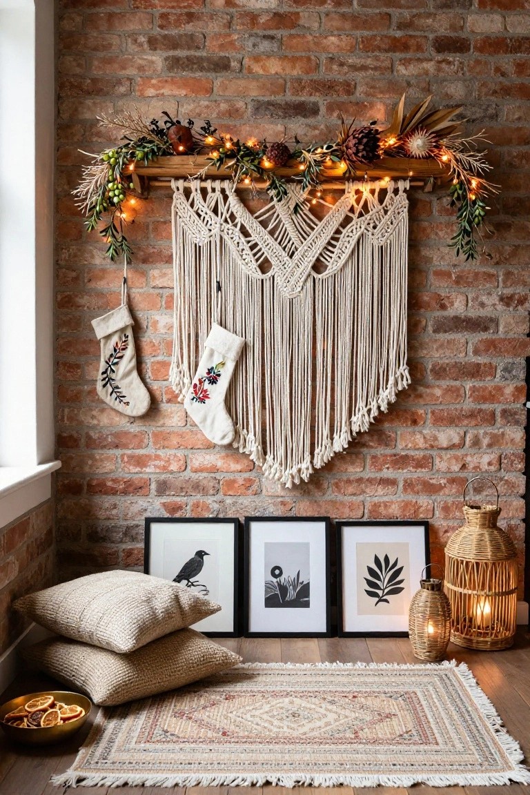 Exposed brick wall with wooden shelf displaying holiday garland, fairy lights, dried florals and fruits, macrame wall hanging with white embroidered stockings, black framed artwork, beige cushions, patterned rug, and wicker lanterns on the floor.