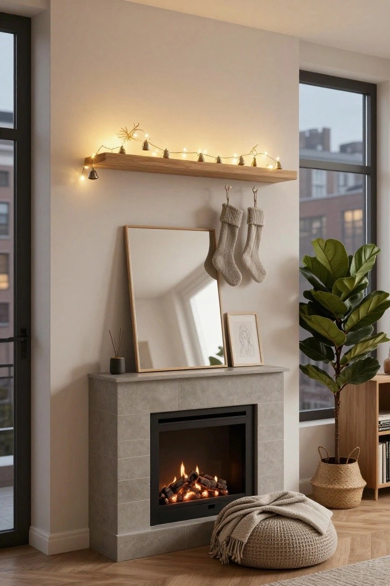 Light gray stone mantel with lit gas fireplace, wooden shelf above holding fairy light garland with brass bells, two beige knit stockings hanging from shelf, gold-framed mirror and fiddle leaf fig plant to the side, large window with city view.