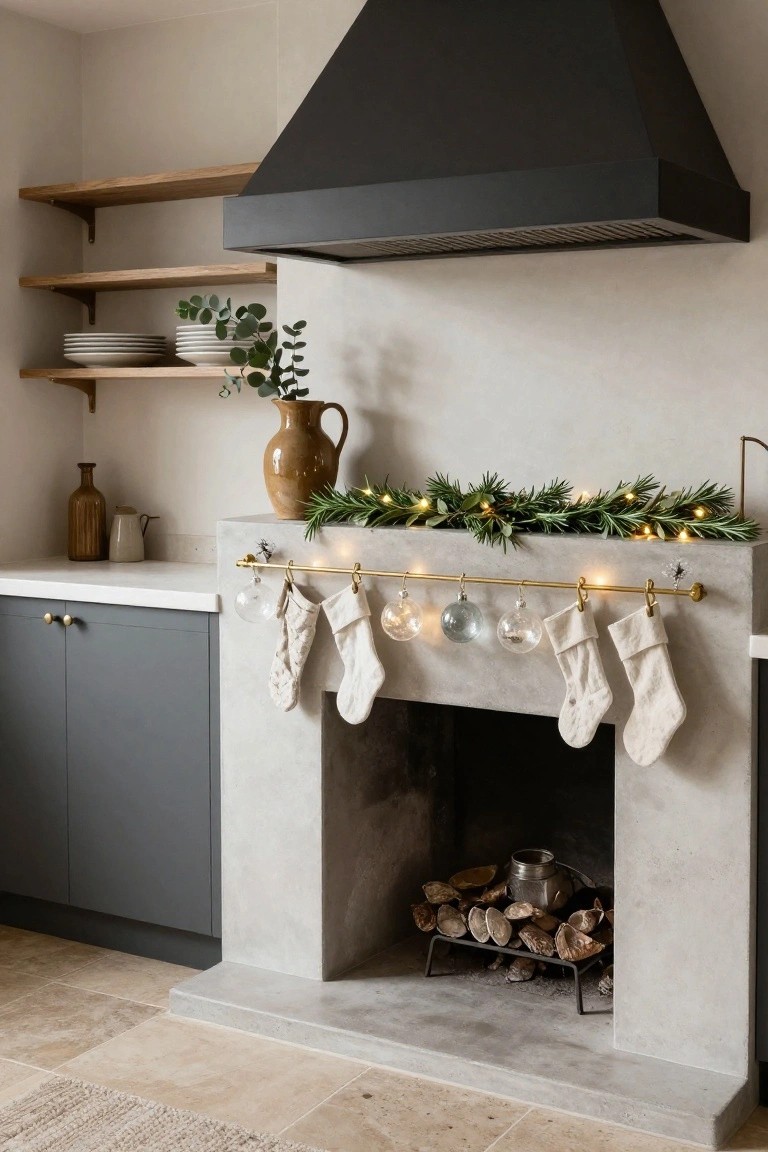 Kitchen fireplace mantle with gray cabinets nearby, decorated by evergreen garland with fairy lights across the top, a gold rod holding white stockings and clear glass ornaments, and firewood stacked inside the hearth.