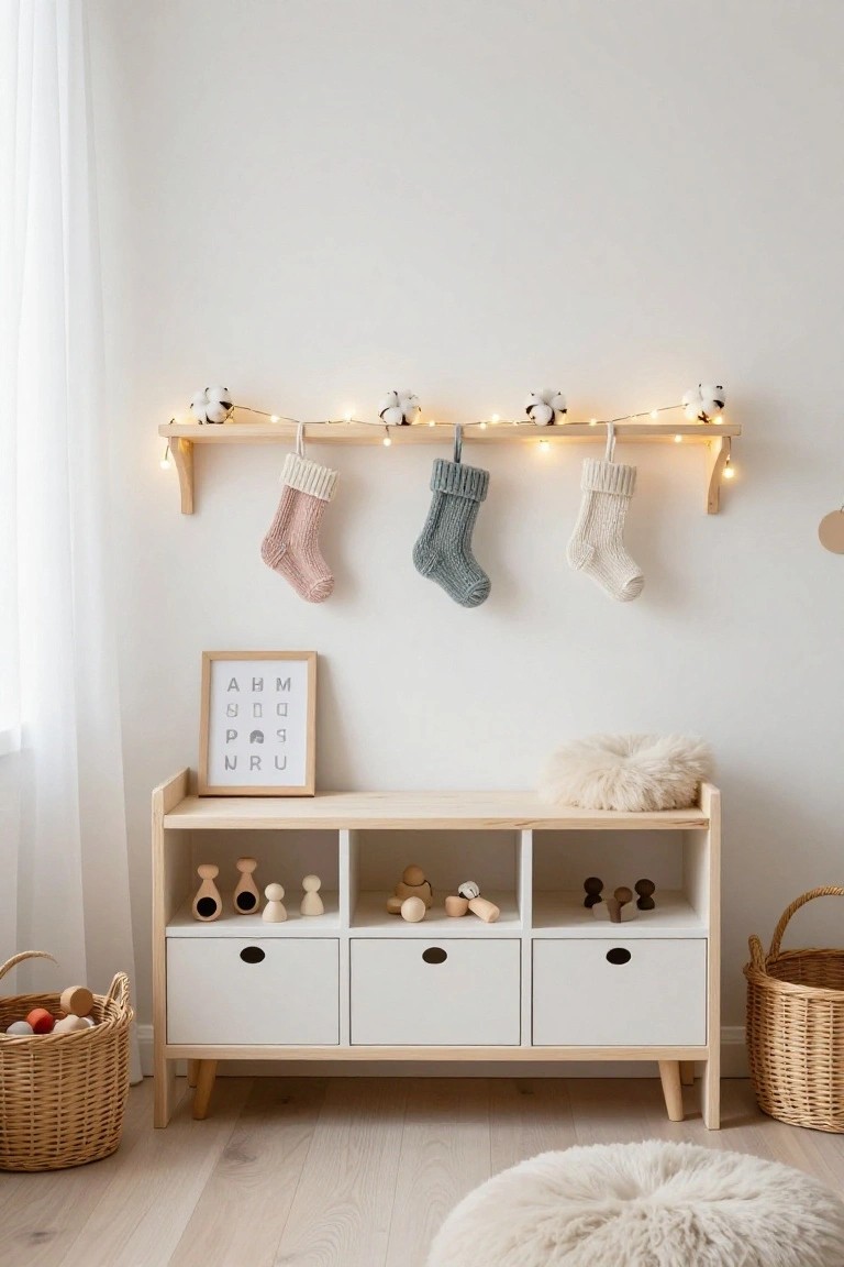 A white nursery wall with a wooden shelf strung with fairy lights and cotton bolls, holding three knitted Christmas stockings in pink, blue, and white hanging down, a low wooden cabinet with toys and drawers below, baskets on the floor, and a fluffy pouf nearby.