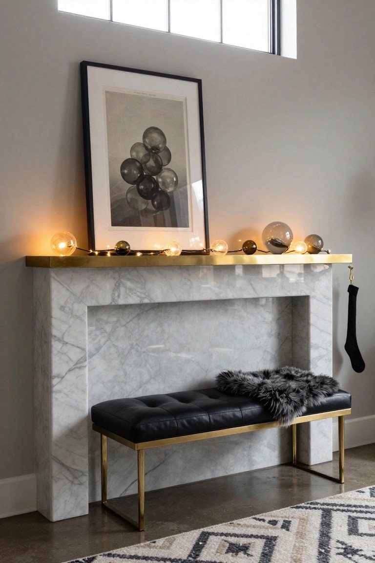 Marble fireplace mantel topped with brass edge, fairy lights and smoky glass orbs, black-framed artwork of clustered spheres, black stocking hanging from hook, black leather bench with gray fur throw in front on wood floor with patterned rug.