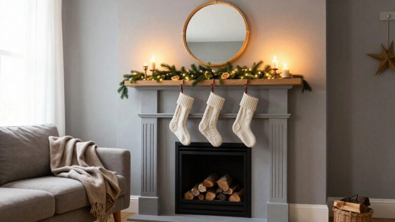 20 Sparkly Christmas Mantle Ideas That Glow All Night Gray living room with stone fireplace mantel decorated in fir garland, fairy lights, dried orange slices, white knit stockings on leather straps, brass candlesticks, candles, firewood in the grate, and a gray sofa with throws nearby.