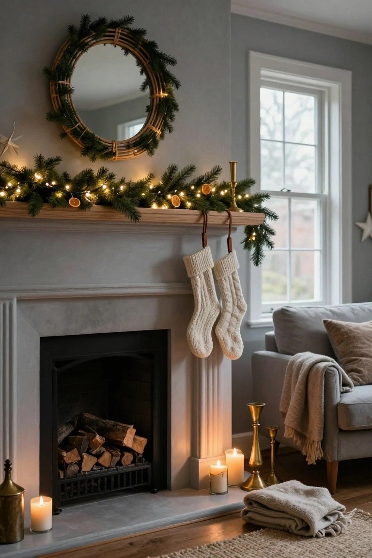 Gray living room with stone fireplace mantel decorated in fir garland, fairy lights, dried orange slices, white knit stockings on leather straps, brass candlesticks, candles, firewood in the grate, and a gray sofa with throws nearby.