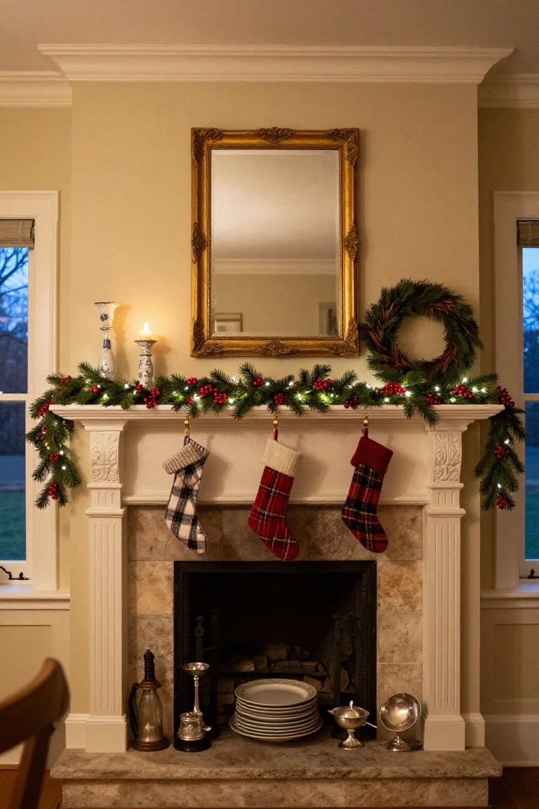Christmas mantel with evergreen garland strung with fairy lights and red berries draped over the top, three patterned stockings hanging down, candles and plates on the hearth below a gold-framed mirror.