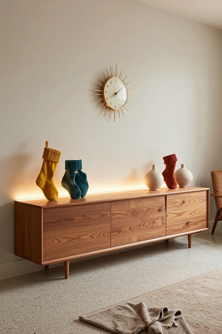 Wooden credenza with blue LED strip lighting underneath, topped with yellow, teal, and red knit Christmas stockings draped over white ceramic vases, gold sunburst clock on beige wall, leather chair, and woven rug on terrazzo floor.