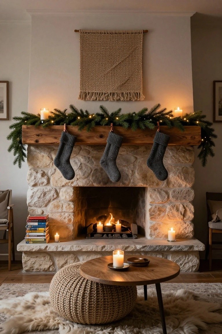 Rustic stone fireplace mantel with wooden beam holding gray knit stockings, evergreen garland with fairy lights, candles on hearth and side table, in a cozy living room with chairs and rug.