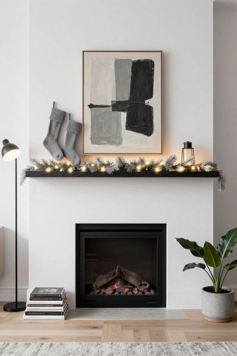 Black wood fireplace mantel with draped silvery blue fir garland strung with white fairy lights, two grey knit stockings hanging to the side, abstract grey painting above, lit gas fire inside, stack of books and potted plant nearby on white wall.