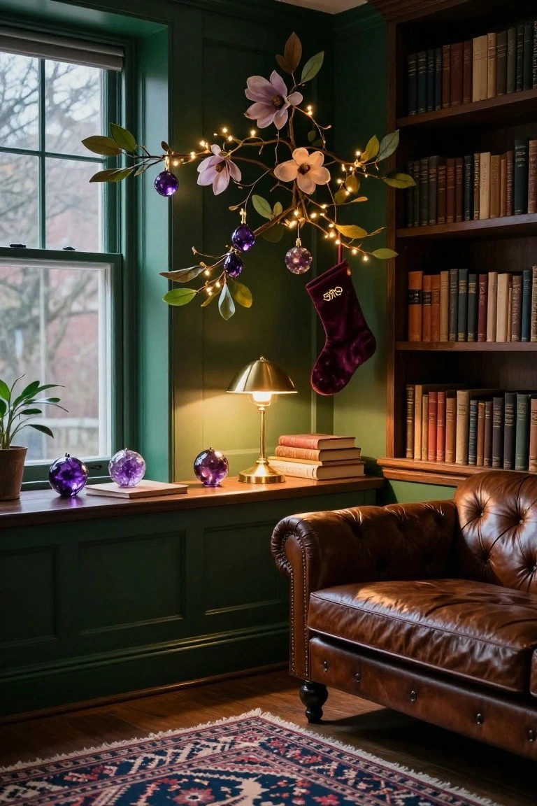 Green-paneled study room with bookshelves, leather armchair, brass lamp on windowsill ledge holding stacked books and purple glass orbs, suspended magnolia branch with fairy lights purple baubles and maroon velvet stocking hanging nearby.