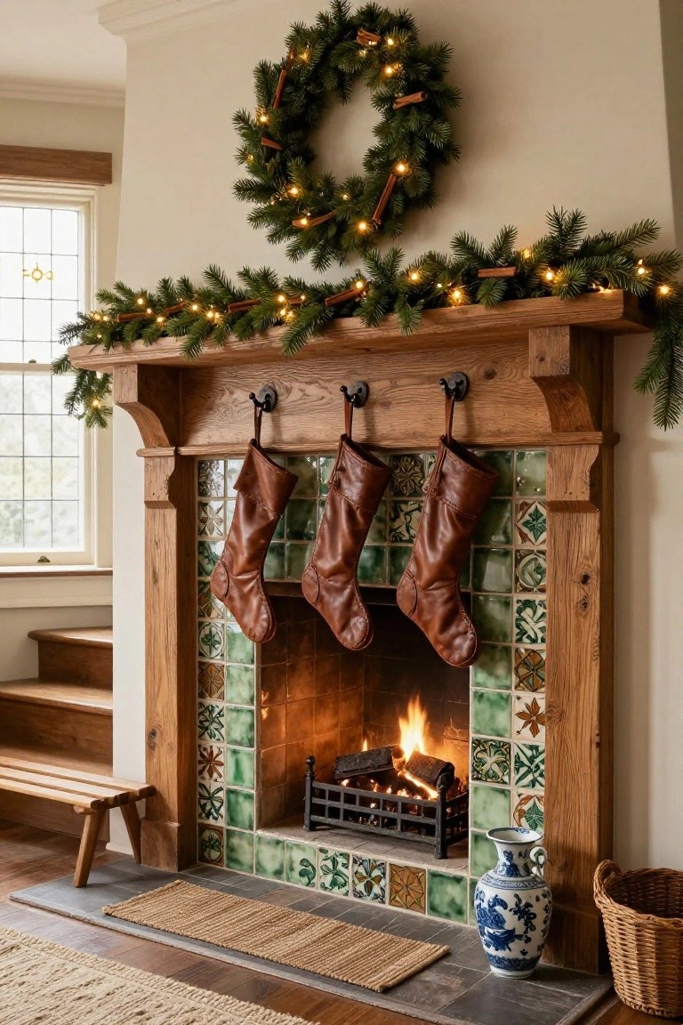 Cozy fireplace with brown stockings, green wreath, and decorative tiles, illuminating a warm glow.