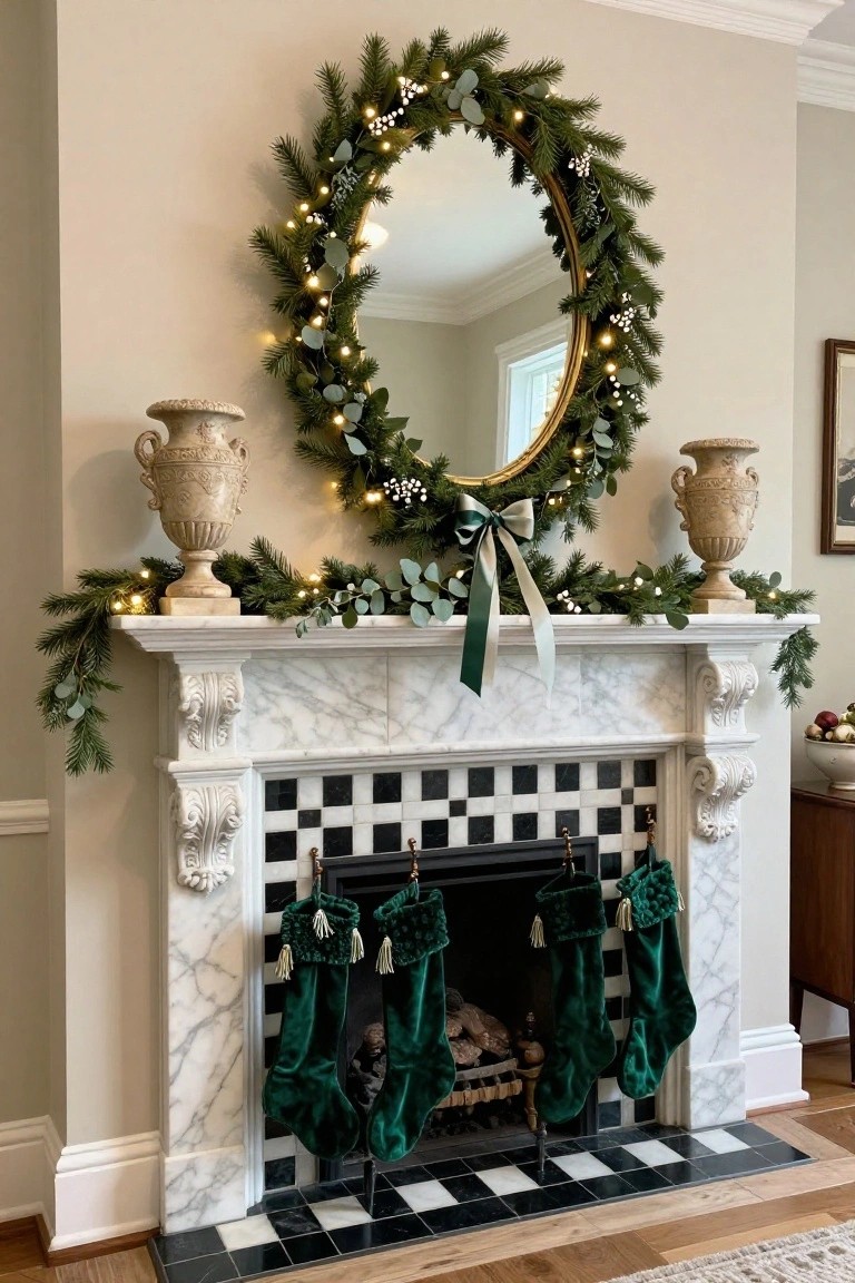 Elegant Christmas mantel featuring a green wreath, stockings, and decorative vases.