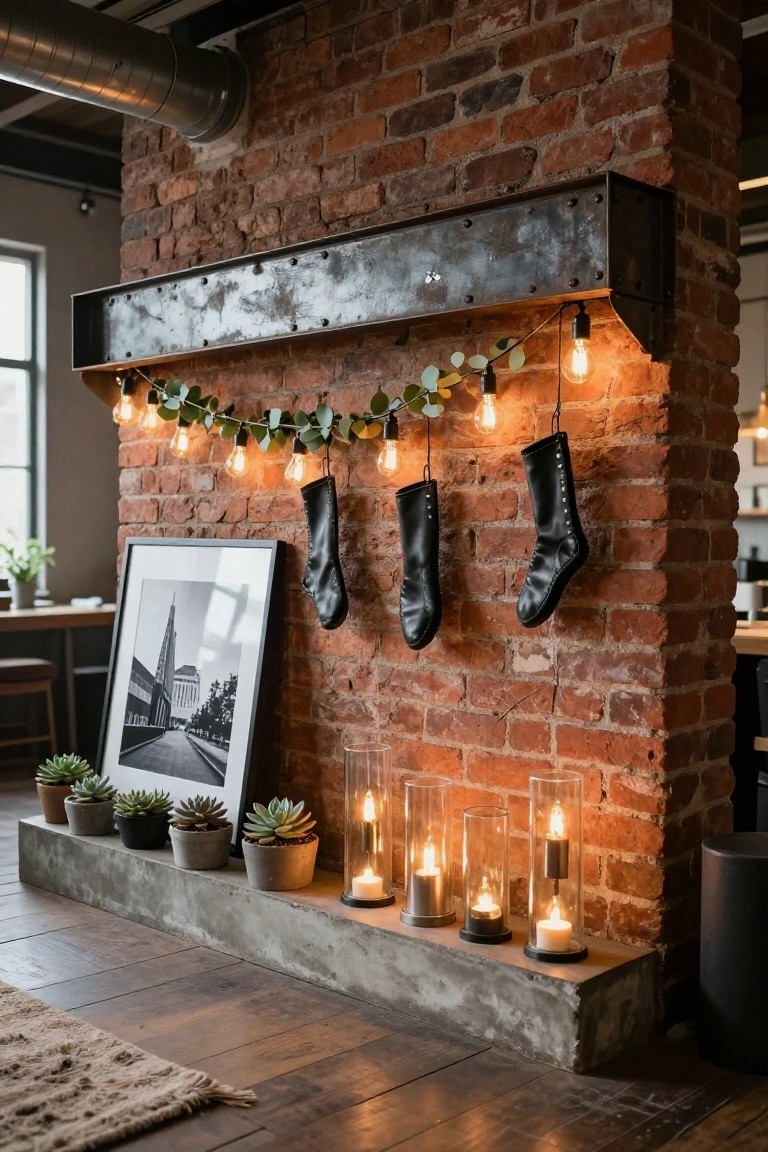 Brick indoor fireplace mantle with three black leather boots hanging as stockings from a metal shelf, decorated with string lights, eucalyptus garland, glass jar candles, potted succulents, and a black-and-white framed photo.