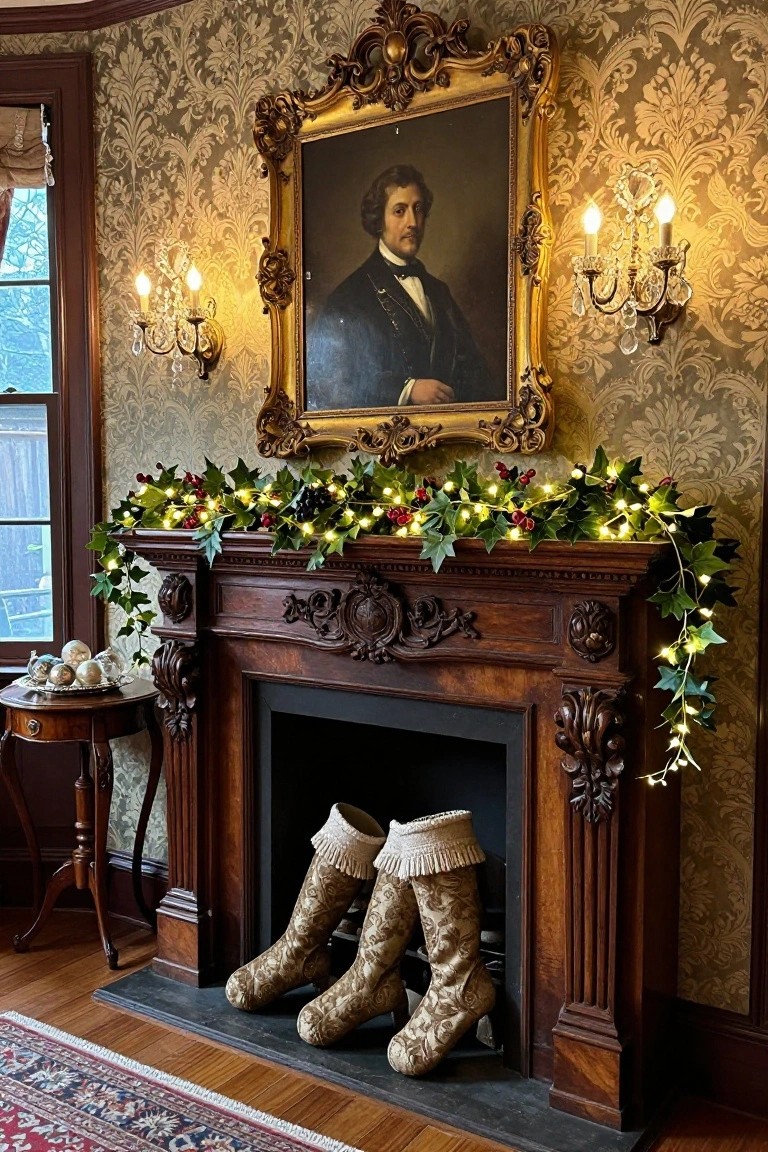 Ornate wooden fireplace mantel with green ivy garland strung with small white fairy lights and red holly berries, two large cream-colored stockings hanging in front, small ornaments on side table, gold-framed portrait on beige patterned wallpaper in corner room.