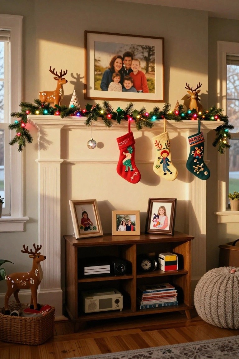 Christmas-decorated mantel in a light green living room with green garland strung with multicolored lights, four hanging stockings, reindeer figurines, family photos, and a wooden media console below.
