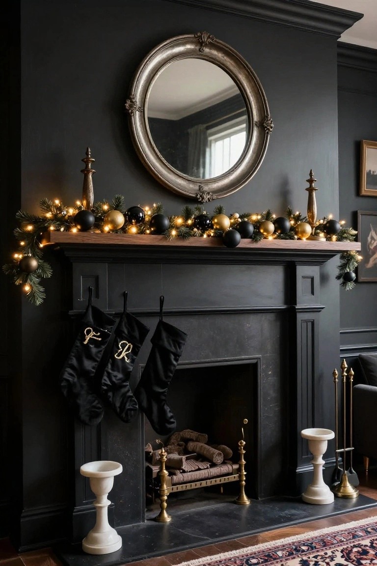 Dark-walled room with black fireplace mantel decorated by evergreen garland, black and gold baubles, fairy lights, black velvet stockings with gold embroidery, and brass fireplace tools on a stone hearth.