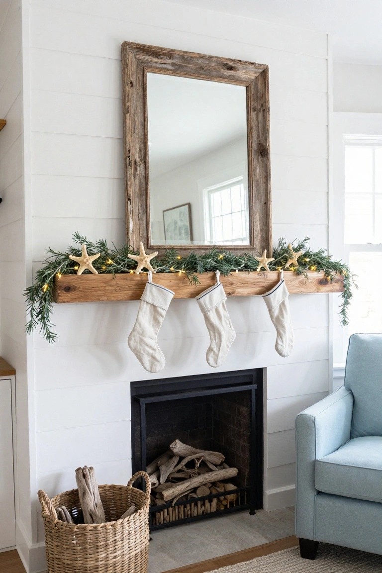 Cozy living room with a wooden mantel, stockings, mirror, and greenery decorations.