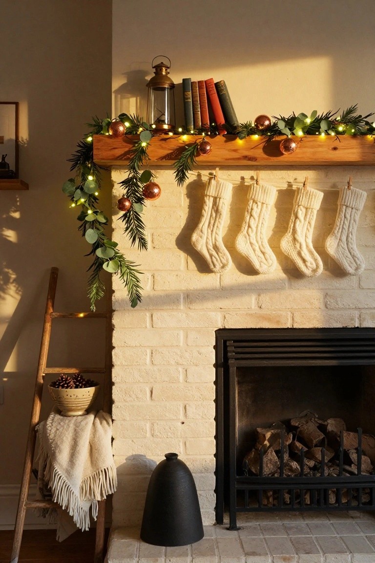 White brick fireplace with wooden mantel decorated in green eucalyptus and pine garland with fairy lights and copper ornaments, four white knit stockings hanging below, wooden ladder holding pinecones and throw nearby.