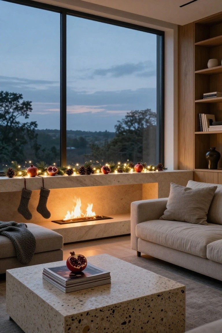 Cozy modern living room with a fireplace, holiday decor, and potted plants.