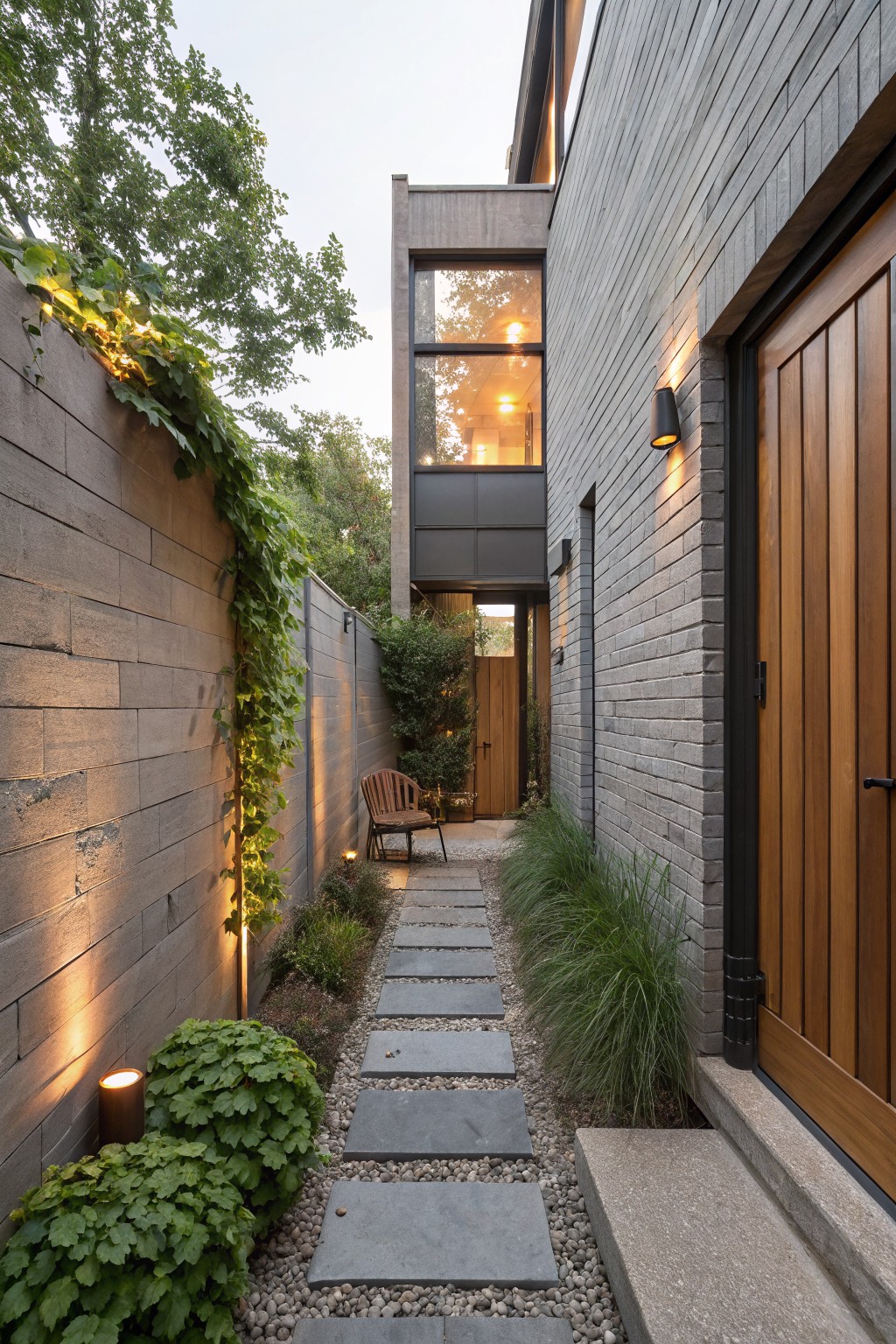 Narrow stone paver pathway between tall textured gray brick walls leading to a wooden entry door on a house exterior, flanked by greenery, uplights, and a wooden chair.